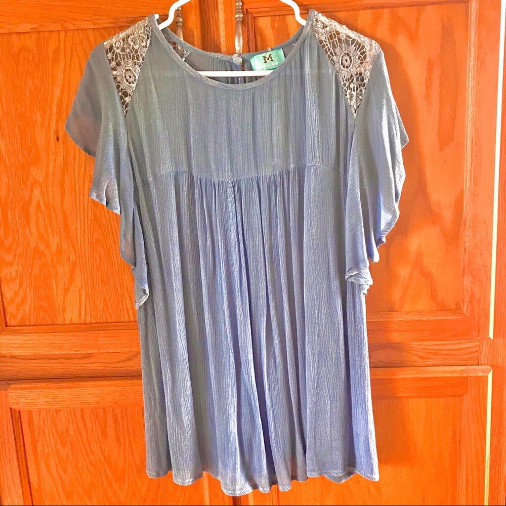 Dusty Blue Blouse with Lacey Shoulders Med.